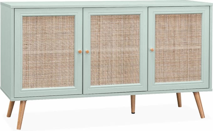 sweeek - Dressoir met 3 deuren houtdecor en rotan 120cm - bohème
