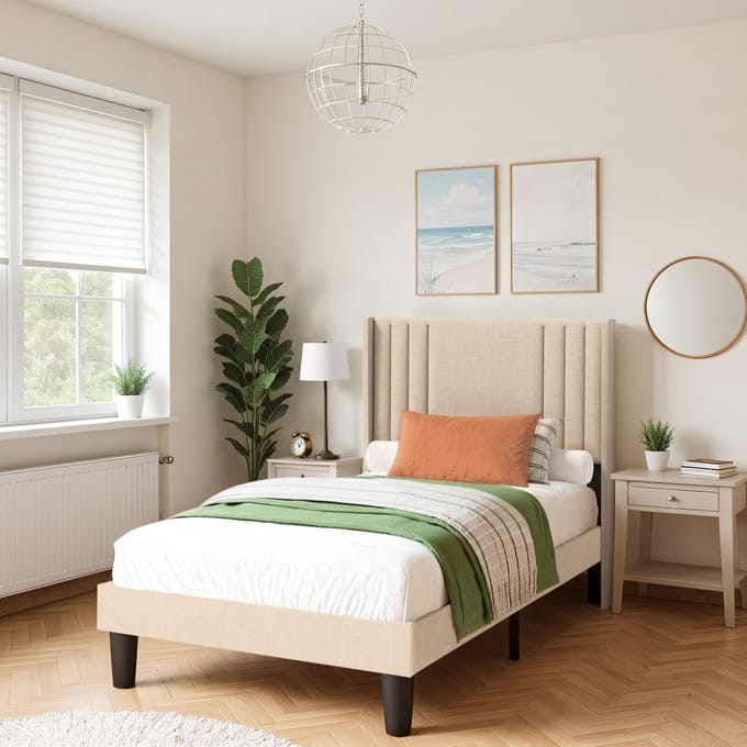 Xbro Eenpersoonsbed – 90x200 cm – Platform Bedframe met Houten Latten – Minimalistisch & Stevig – Beige – Geen Boxspring Nodig