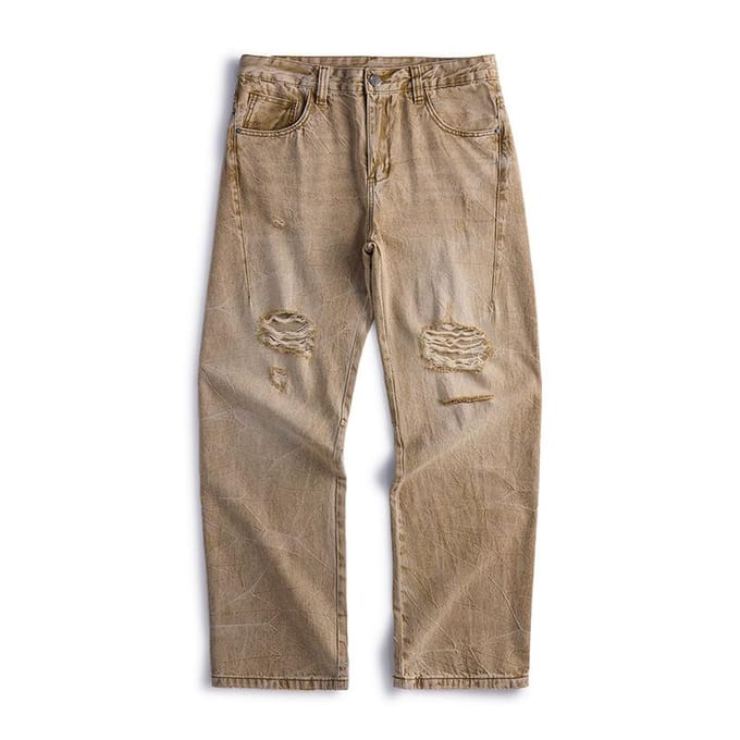 Jeans Mannen Los Recht Oud Gewassen Lange Broek Gescheurde Broek 40 beige
