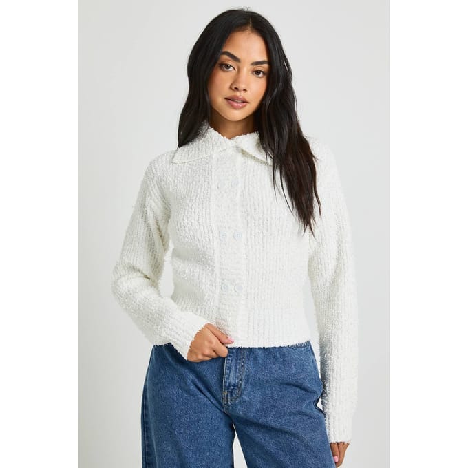 boohoo Dames Getextureerde gebreide cardigan met kraag en knoopsluiting | Cream | Maat: Medium