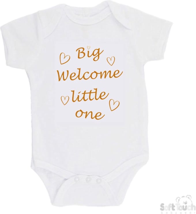 Soft Touch Romper "Big welcome little one" Unisex Katoen Wit/tan Maat 56/62