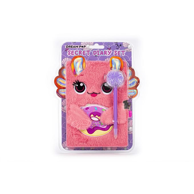 Dream Pop dagboek axolotl fluffy met slot en pompompen roze.