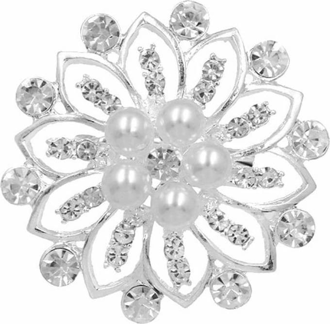 Fako Bijoux® - Broche - Ster Bloem Met Parels - 45x45mm - Zilverkleurig