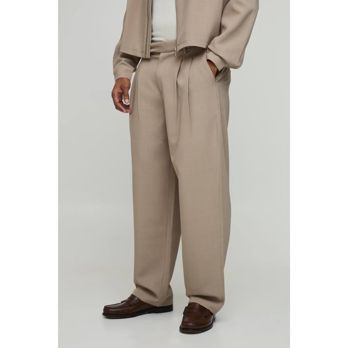 Double Pleat Relaxed Fit Co-Ord Tailored Trousers | Taupe | Size 44
