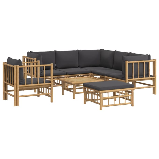vidaXL - 8-delige - Loungeset - met - kussens - bamboe - donkergrijs