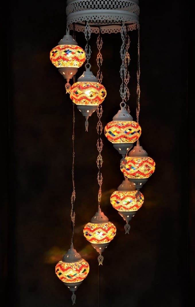 Hanglamp multicolour groen glas mozaïek Oosterse lamp kroonluchter Crèmewit 7 bollen
