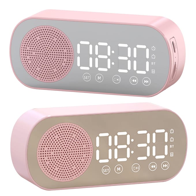 Bluetooth Luidspreker Klok Multifunctionele Slimme Digitale Spiegel Wekker voor Thuis School Kantoor roze