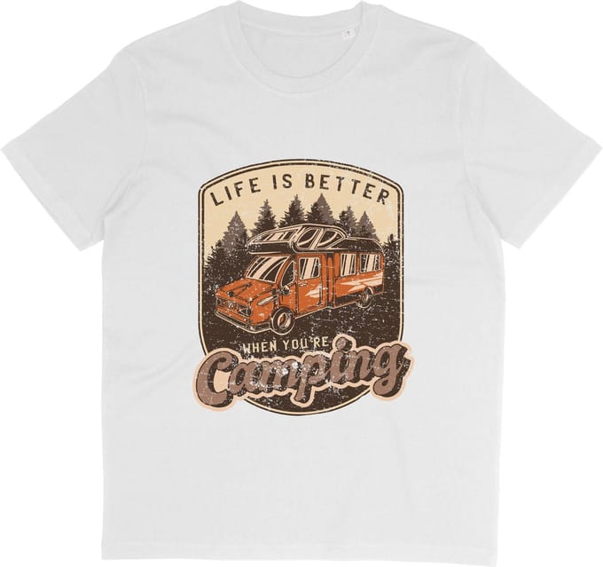 Dames Heren T Shirt - Kamperen Camper Vintage Print - Wit - Maat M