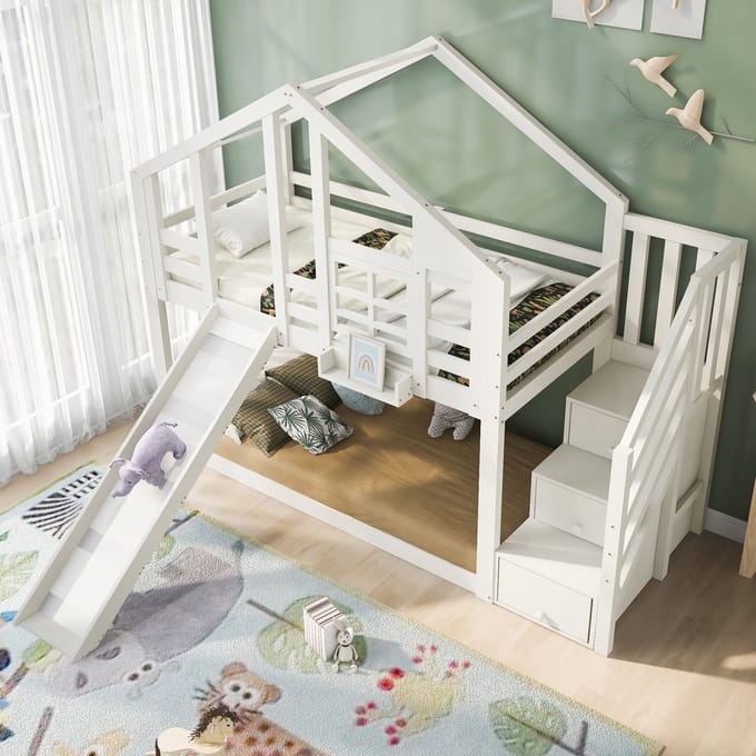 Boomhutbed 90x200 cm - Kinderbed Met Glijbaan, Trap Met Opbergruimte En Valbeveiliging - Wit
