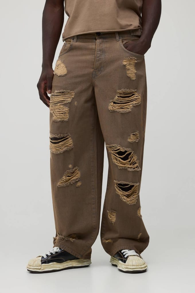 Verstelbare Taille Gewassen Extreem Gescheurde Super Baggy Jeans | Stone | Size 28R