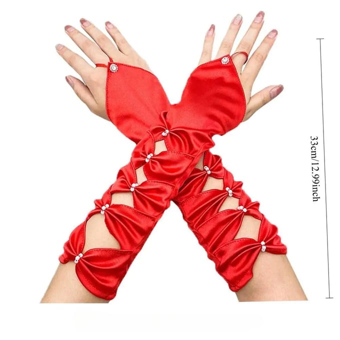 Gants de Mariage Longs Élastiques Satin Plissés Nœud Coude Sarcelle Gants Sans Doigts Soirée Bal de Promo bleu saphir