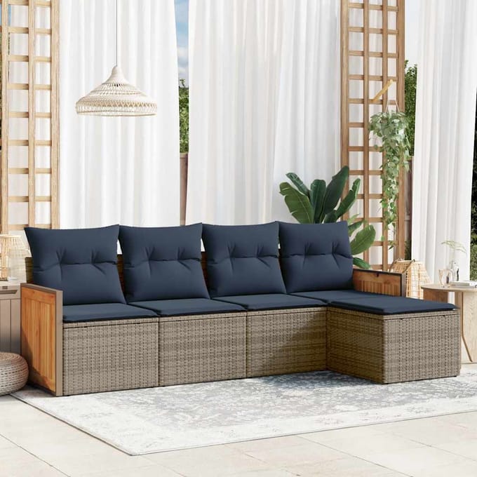 vidaXL - 5-delige - tuinbankset - met - kussens, - grijs - polyrotan