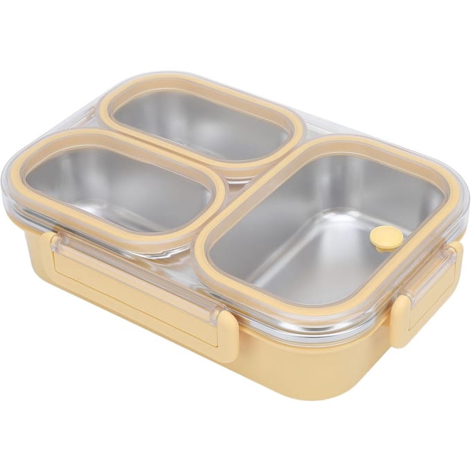 Verdeelde Lunchbox 304 Roestvrij Staal Lekdicht Verwarmbaar 3 Vakken Rechthoekige Voedselcontainer 1.2L Inhoud geel