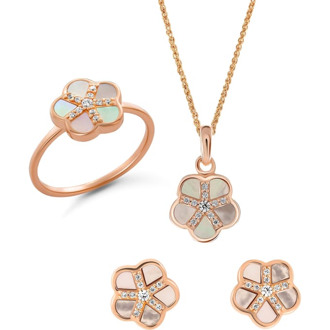 Orphelia 'Daisy' Dames 925 Zilveren Set: Ketting + Oorbellen + Ring - Roze SET-7585/RG