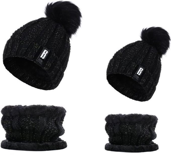 BB – Matching Moeder & Kind Winterset – Muts & Sjaal met Pompom – Zwart (1 t/m 3 jaar)