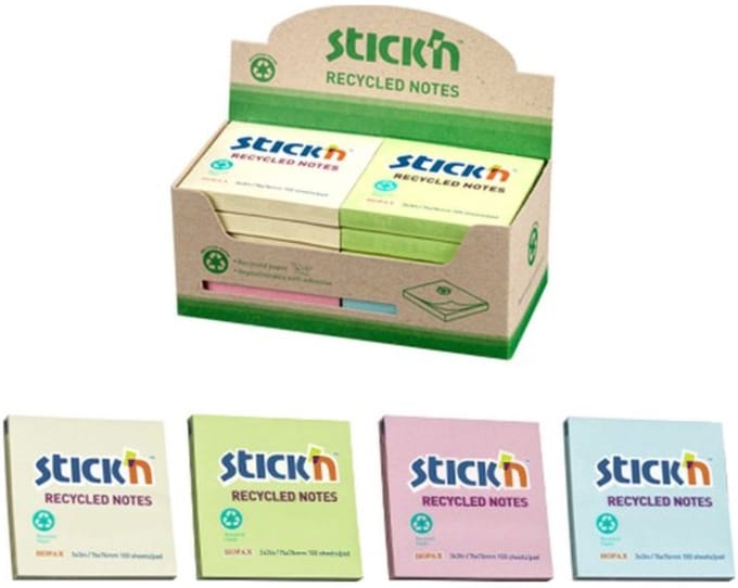 Stick'n Recycled sticky notes - 76x76mm - 4 Pastel kleuren - doos 12 stuks