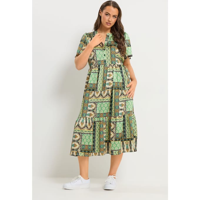 Yours Groene Patchwork Jurk Met Halve Knoopsluiting Size 54-56