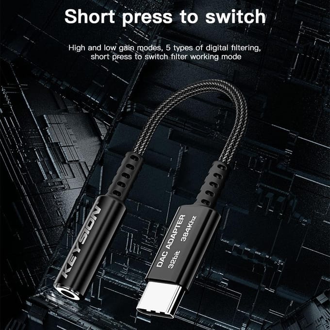 KEYSION Aanpassen EQ Type-C naar 3.5mm USB DAC Audio HiFi Decoder 32bit/384kHz ADC 48kHz HD Hoofdtelefoonversterker voor Android iOS Win10 zwart