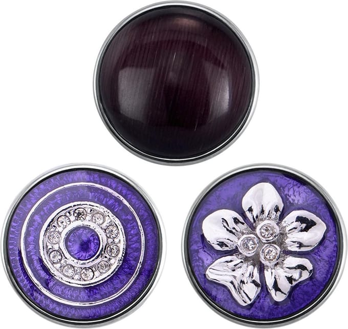 Quiges - Chunk 18mm Click Button Drukknoop Set van 3 Stuks Symbolen Paars met Zirkonia & Bloem - EBCMSET022
