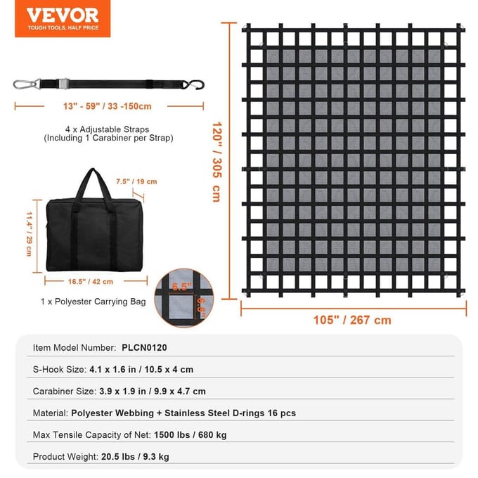 Laadnet Heavy Duty Laadnet 120  x 105  Verstelbare Gespen & S-Haken