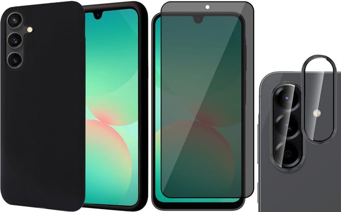 Hoesje geschikt voor Samsung Galaxy A17 5G / A26 - Privacy Screenprotector Volledig Dekkend Glas & Camera Protector - Mat Back Case Zwart