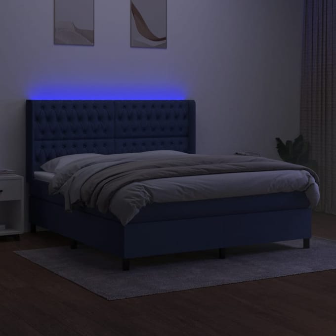 vidaXL - Boxspring - met - matras - en - LED - stof - blauw - 180x200 - cm