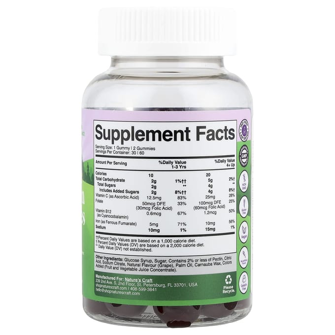 Nature's Craft IJzer Gummies voor Kinderen, Druif, 60 Gummies