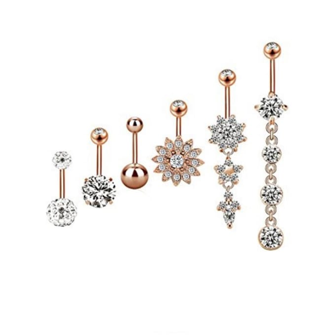 6 Stuks Roestvrij Staal Strass Buikring Navelpiercing Lichaamspiercing (Gewoon Roségoud) white