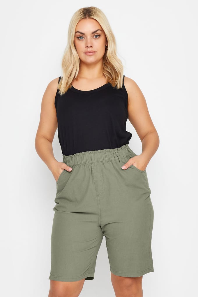 Yours Katoenen Short Met Elastische Taille In Kakigroen Size 58-60