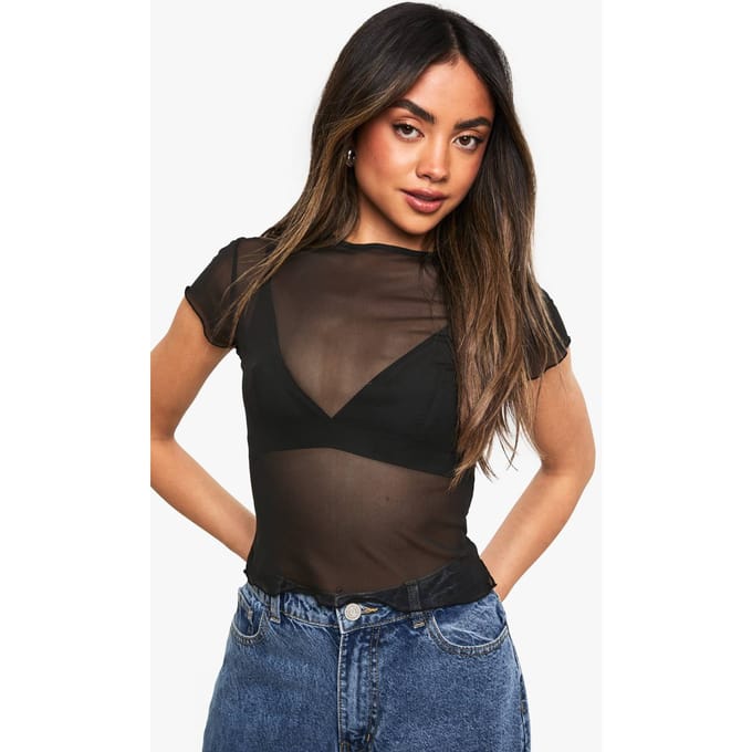 boohoo Dames Mesh Baby Tee | Zwart | Maat: 40