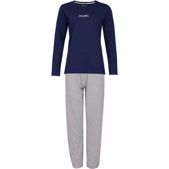 By Louise Dames Pyjama Set Lang Katoen Donkerblauw / Grijs Gestipt - Maat XL