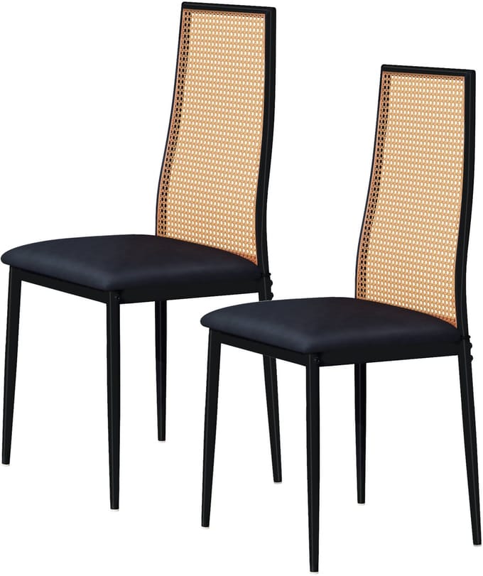 Set van 2 Eetkamerstoelen met Rotan Rug - Zwart Leerlook, Hoge Rugleuning