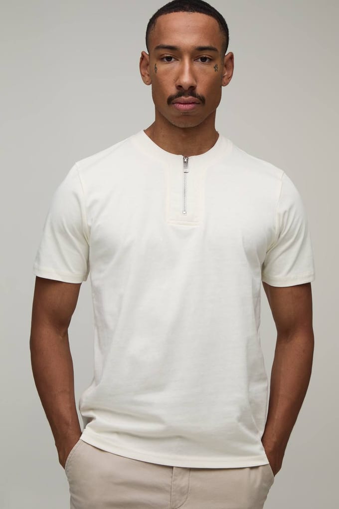 Slim Fit 1/4 Rits T-shirt | Ecru | Size Small