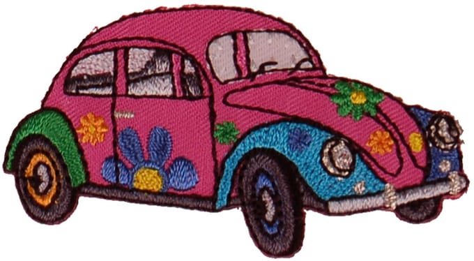 Strijkapplicatie/Patch - Kever Auto Flowerpower Roze&Blauw - 7x4cm