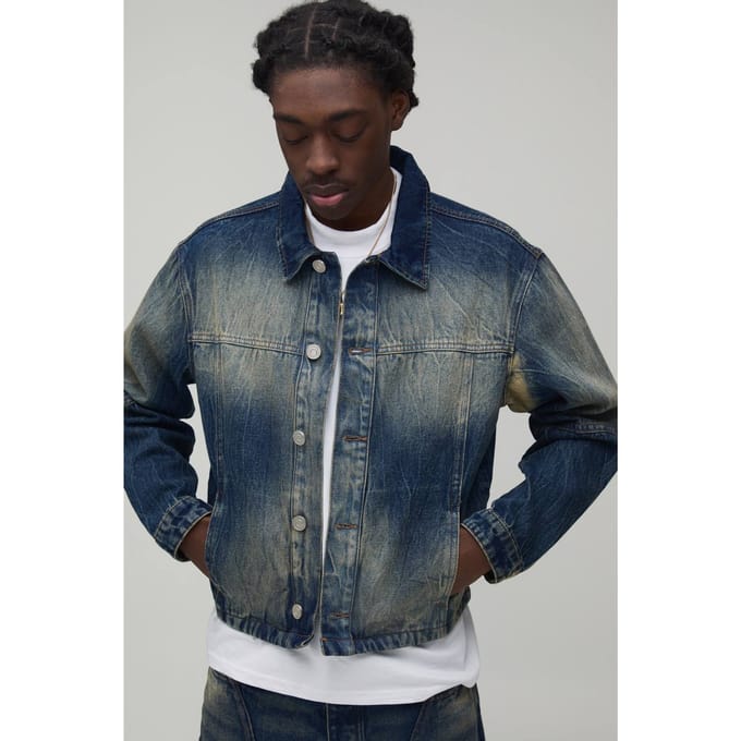 Relaxed Cropped Bleach Washed Panelled Denim Jacket | Antique Wash | Size Large