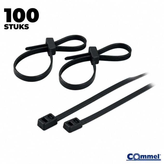 100x Commel Kabelbinders met Dubbele Sluitkop - 200 x 4.8 mm - Zwart - Nylon - Treksterkte 22kg