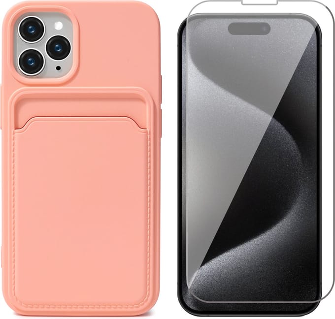 Hoesje Pasjeshouder geschikt voor iPhone 15 Pro Max - Screenprotector GlassGuard - Siliconen Case Back Cover Roze & Screen Protector