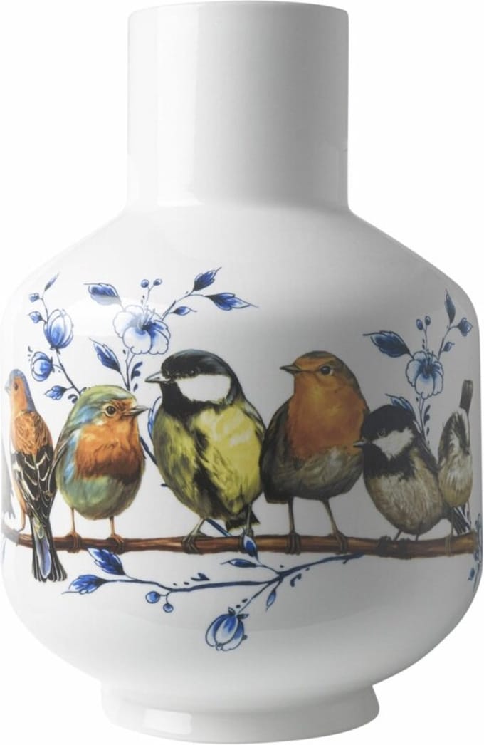 Heinen Delfts Blauw - Hoge bolvaas Bosvogels - Keramiek - 35 cm