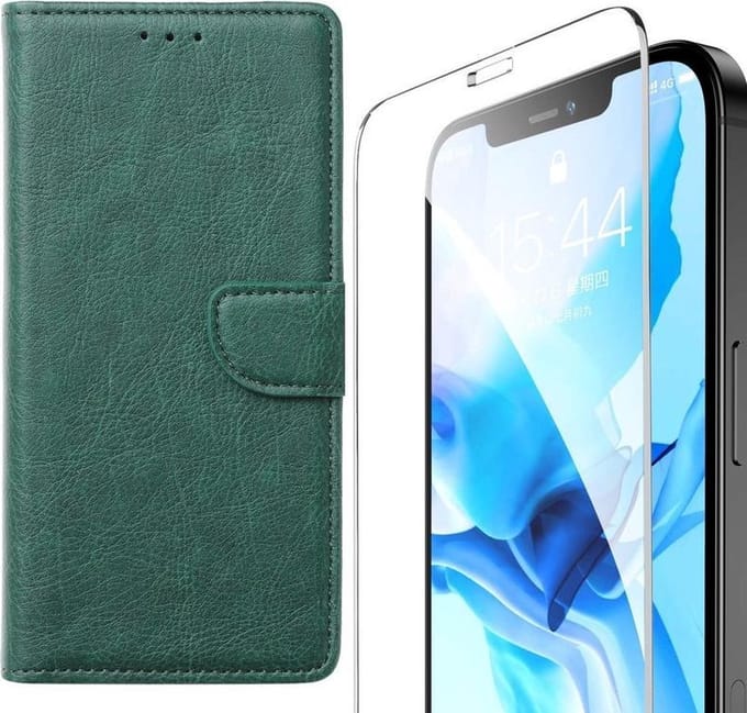 Bookcase Geschikt voor: iPhone 12 Pro Max - Groen - portemonee hoesje + 2X Tempered Glas Screenprotector