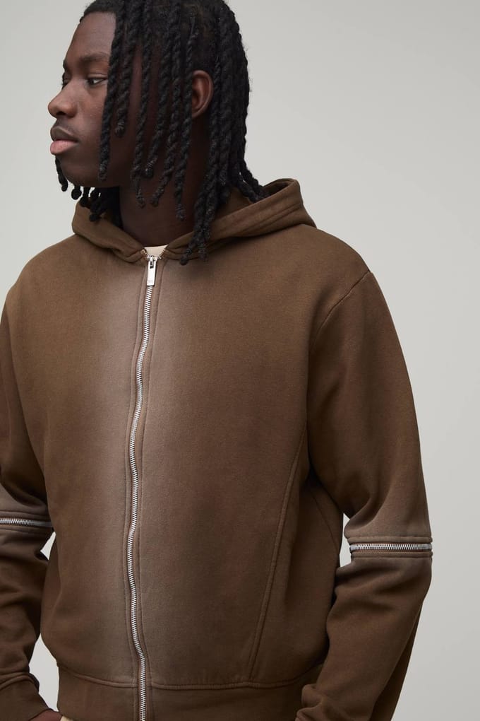 Boxy Hoodie Met Ritssluiting En Spray Wash | Brown | Size Medium