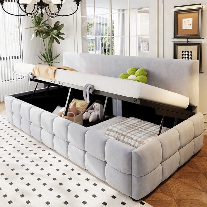 MODFU Bedframe 90x200 cm – lichtgrijs fluweel – met hydraulische opbergruimte, zonder armleuningen
