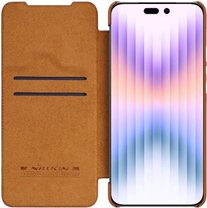 Geschikt voor Nillkin Apple iPhone 14 Pro Max Book Case Hoesje Camera Slider Bruin