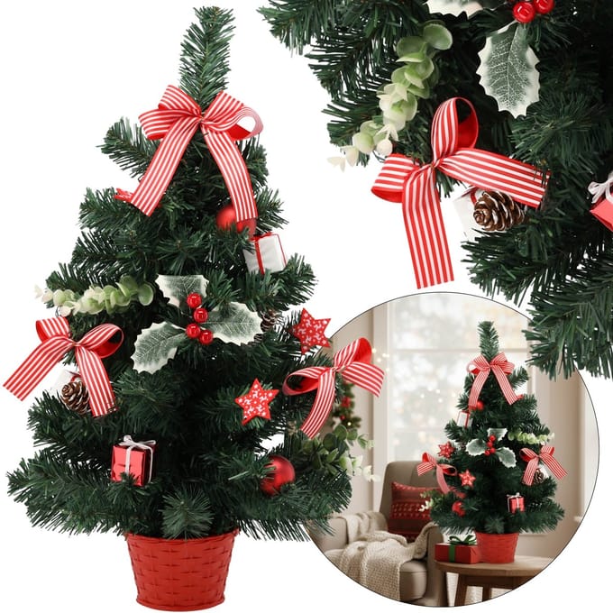 KLEINE Kunstkerstboom, rood met hulst in pot, VERSIERD 60 cm