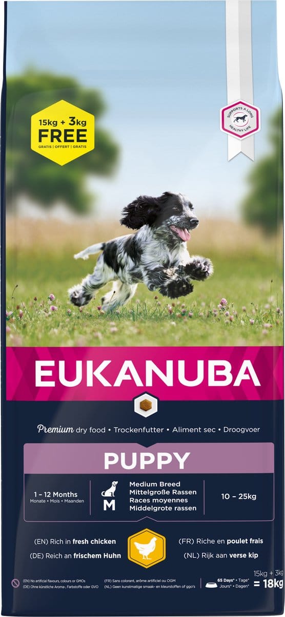 Eukanuba Growing Puppy Medium Breed Hondenvoer 15+3kg Gratis
