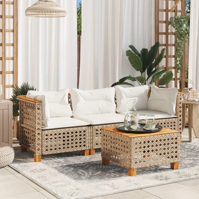 vidaXL - Tuinbank - 3-zits - met - kussens - poly - rattan - beige