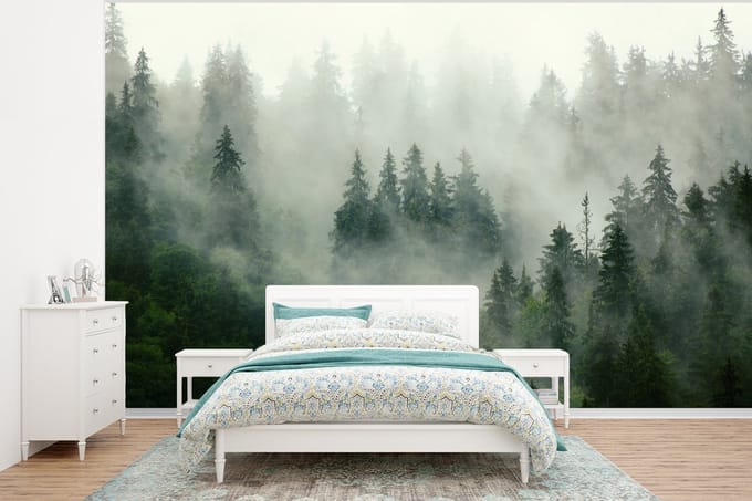 Behang - Fotobehang Bos - Mist - Bomen - Natuur - Breedte 375 cm x hoogte 280 cm