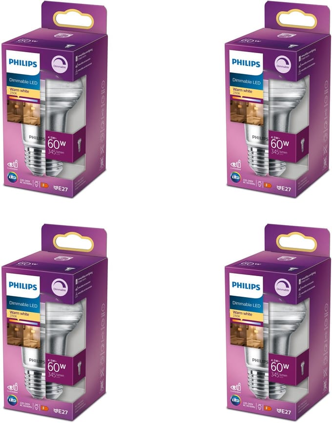 Philips Voordeelverpakking - E27 - LED Reflector lamp - 60W - Dimbaar - Warmwit Licht - Set van 4 Stuks