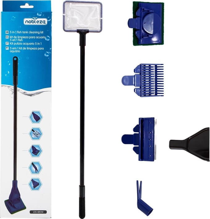 Nobleza Aquarium Schoonmaakset 5-in-1 - Algenschraper - Spons - Visnet - Grindhark - 60 cm - Zwart/Blauw
