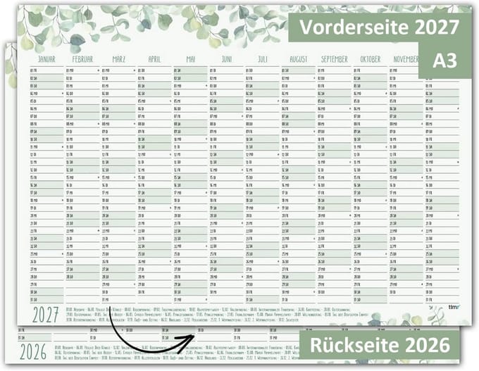 Wandkalender 2026 DIN A3 met Eucalyptus Motief en Overzicht 2027