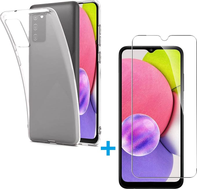 Silicone hoesje transparant met 2 Pack Tempered glas Screen Protector Geschikt voor: Samsung Galaxy A03S